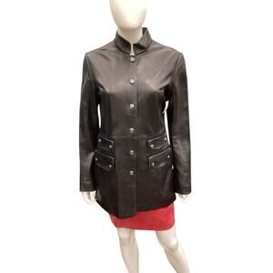 Black Leather Jacket Shelli Segal Silver Snap Closure Pockets Zipper Accent